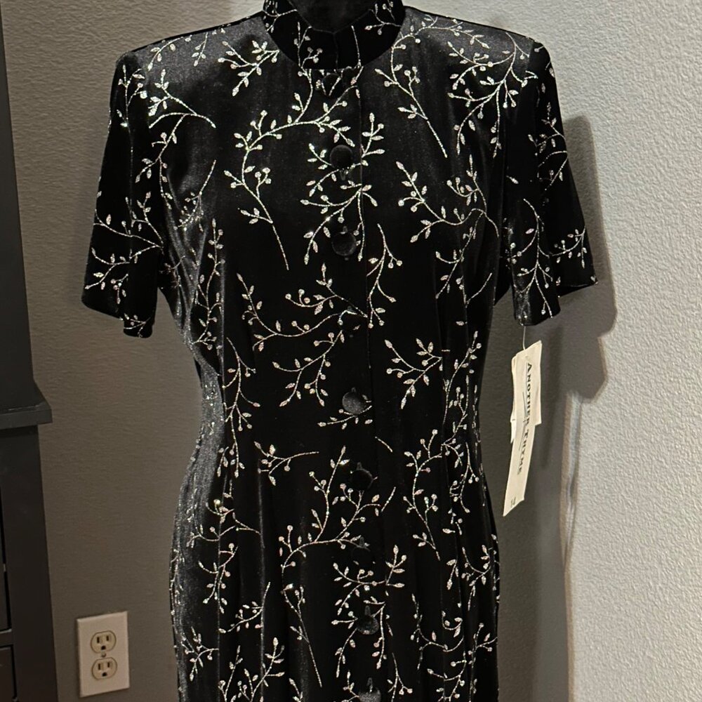 Another Thyme Velvet Maxi Dress 14 Black Floral Glitter Mandarin Collar Formal - Picture 2 of 13